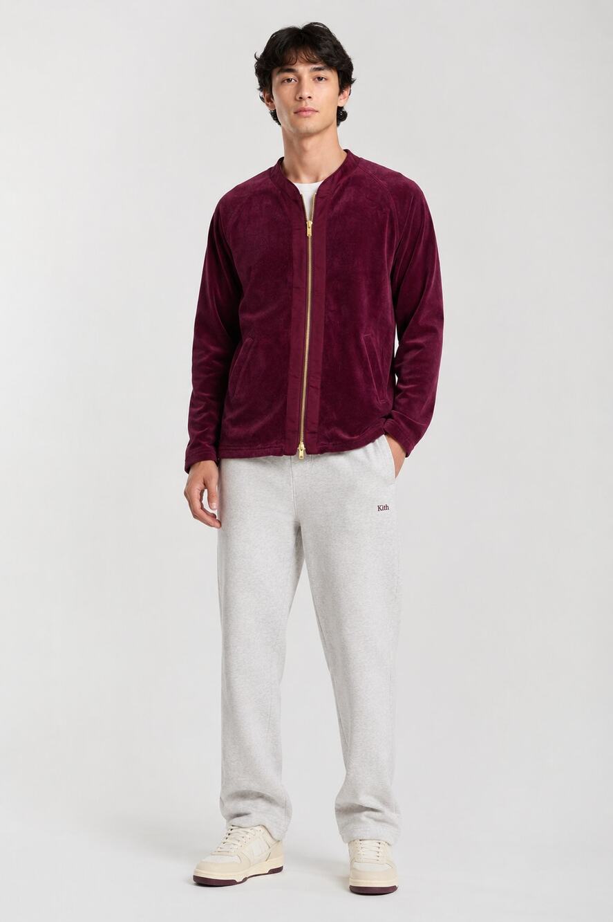 KITH x Bergdorf Goodman Liddi Velour Baseball Jersey Zip Jacket Burgundy Mens XS